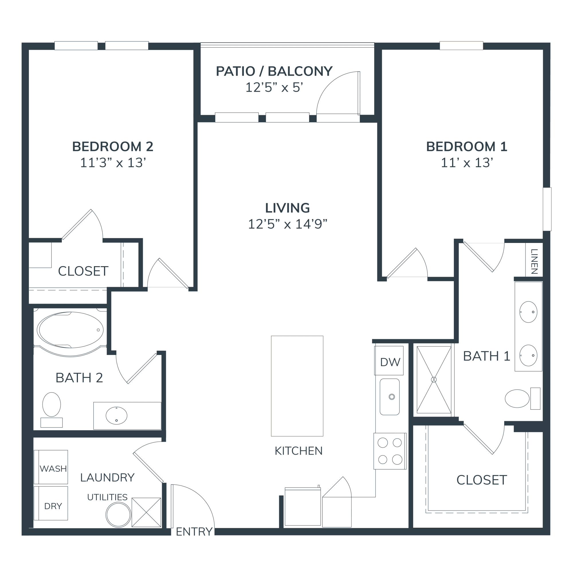 A 3D image of the B1C floorplan, a 1176 squarefoot, 2 bed / 2 bath unit